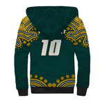 Personalized Kookaburras Field Hockey Kangaroo Sherpa Hoodie Indigenous Australian Dot Art Style In Green And Gold