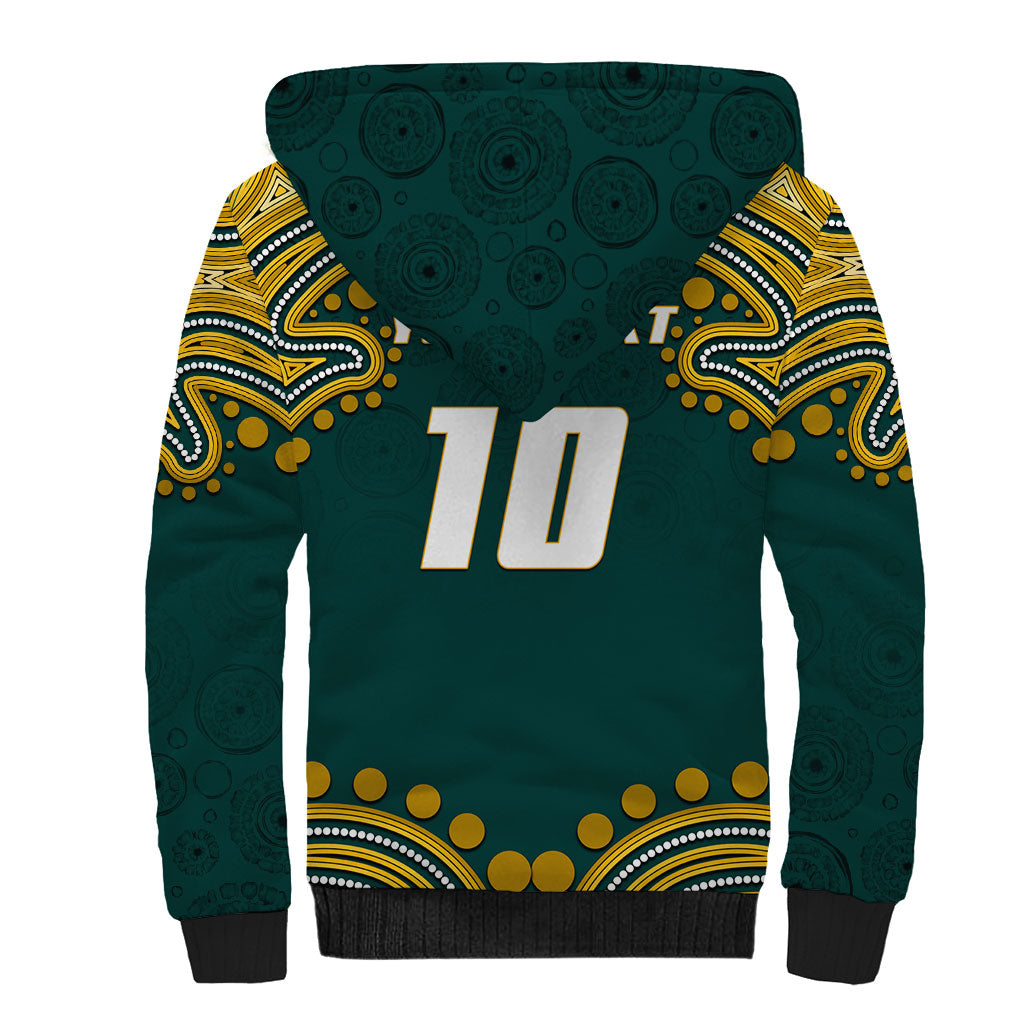 Personalized Kookaburras Field Hockey Kangaroo Sherpa Hoodie Indigenous Australian Dot Art Style In Green And Gold