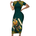 Personalized Kookaburras Field Hockey Kangaroo Short Sleeve Bodycon Dress Indigenous Australian Dot Art Style In Green And Gold