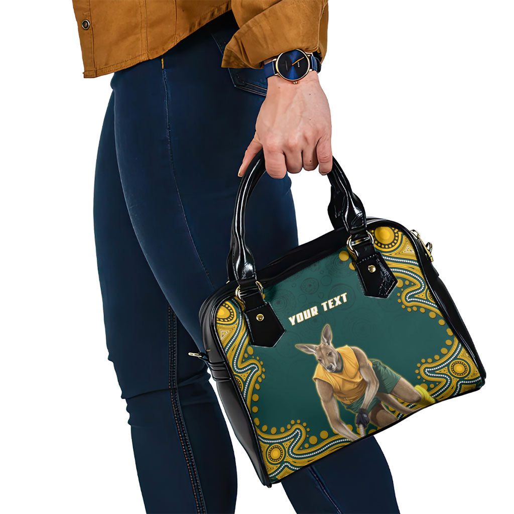 Personalized Kookaburras Field Hockey Kangaroo Shoulder Handbag Indigenous Australian Dot Art Style In Green And Gold