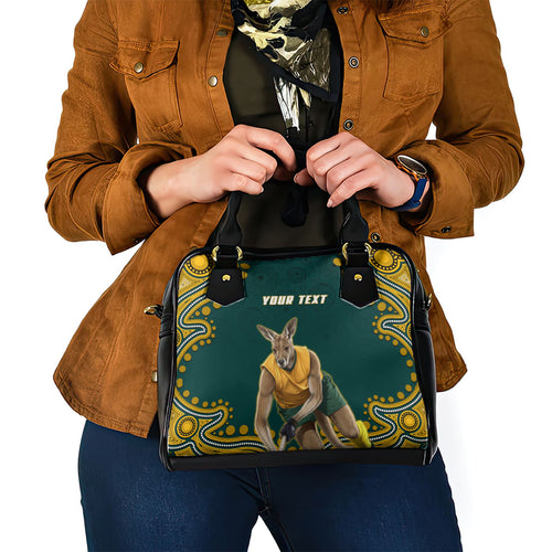 Personalized Kookaburras Field Hockey Kangaroo Shoulder Handbag Indigenous Australian Dot Art Style In Green And Gold