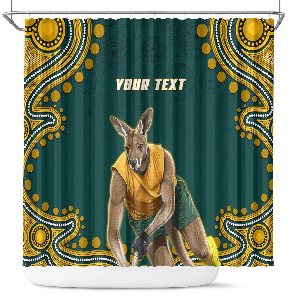 Personalized Kookaburras Field Hockey Kangaroo Shower Curtain Indigenous Australian Dot Art Style In Green And Gold
