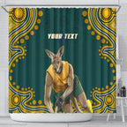 Personalized Kookaburras Field Hockey Kangaroo Shower Curtain Indigenous Australian Dot Art Style In Green And Gold