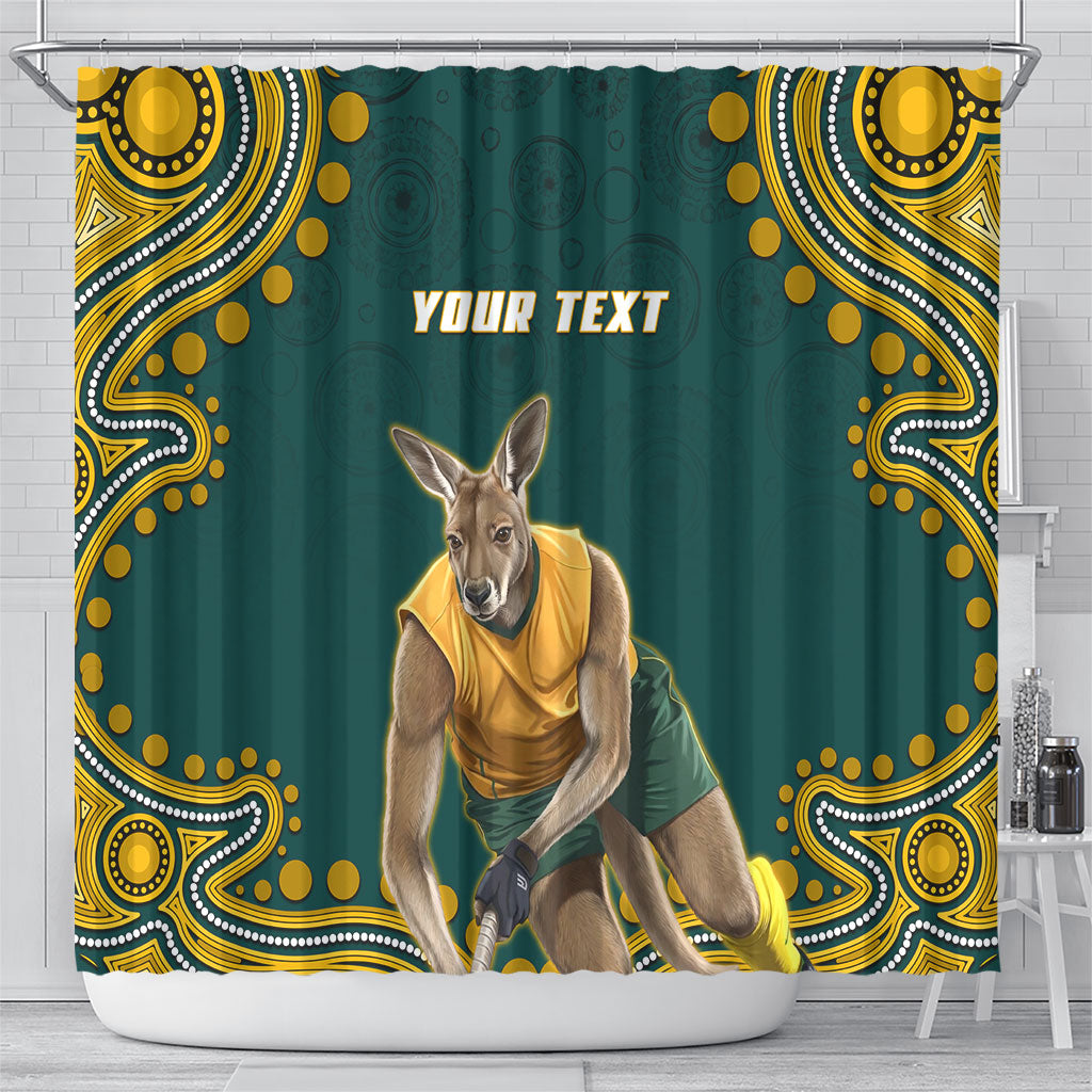 Personalized Kookaburras Field Hockey Kangaroo Shower Curtain Indigenous Australian Dot Art Style In Green And Gold