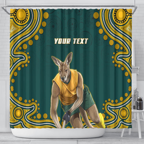 Personalized Kookaburras Field Hockey Kangaroo Shower Curtain Indigenous Australian Dot Art Style In Green And Gold