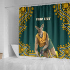 Personalized Kookaburras Field Hockey Kangaroo Shower Curtain Indigenous Australian Dot Art Style In Green And Gold