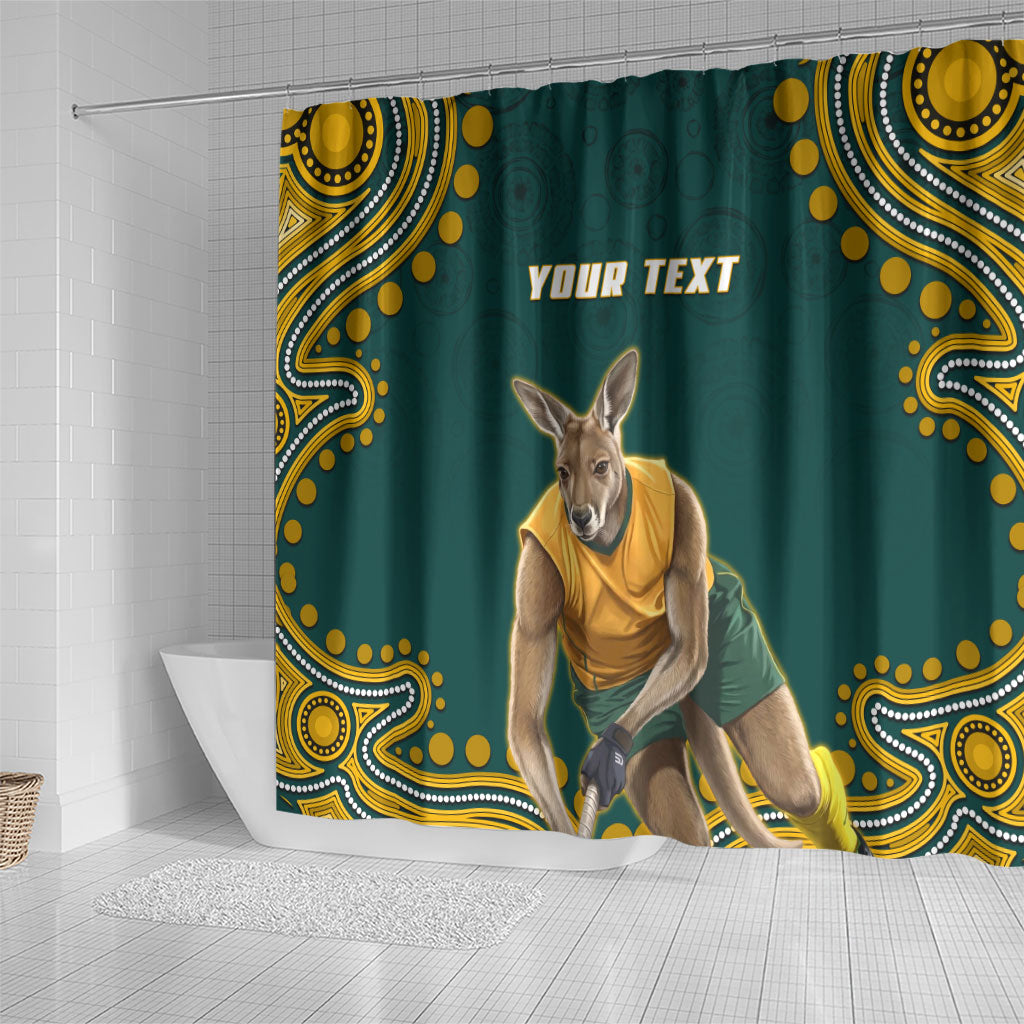 Personalized Kookaburras Field Hockey Kangaroo Shower Curtain Indigenous Australian Dot Art Style In Green And Gold