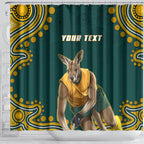 Personalized Kookaburras Field Hockey Kangaroo Shower Curtain Indigenous Australian Dot Art Style In Green And Gold