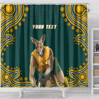Personalized Kookaburras Field Hockey Kangaroo Shower Curtain Indigenous Australian Dot Art Style In Green And Gold