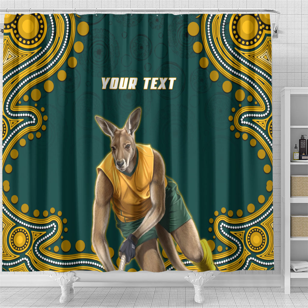 Personalized Kookaburras Field Hockey Kangaroo Shower Curtain Indigenous Australian Dot Art Style In Green And Gold