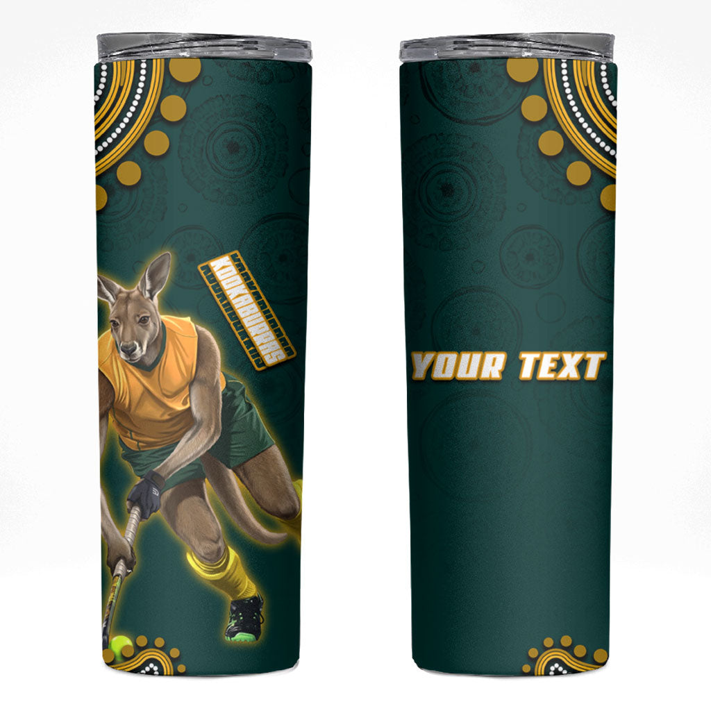 Personalized Kookaburras Field Hockey Kangaroo Skinny Tumbler Indigenous Australian Dot Art Style In Green And Gold