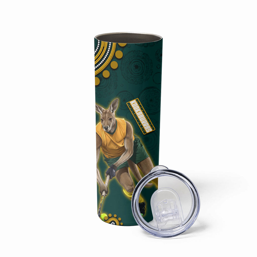 Personalized Kookaburras Field Hockey Kangaroo Skinny Tumbler Indigenous Australian Dot Art Style In Green And Gold
