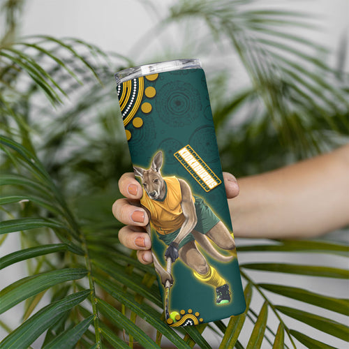 Personalized Kookaburras Field Hockey Kangaroo Skinny Tumbler Indigenous Australian Dot Art Style In Green And Gold