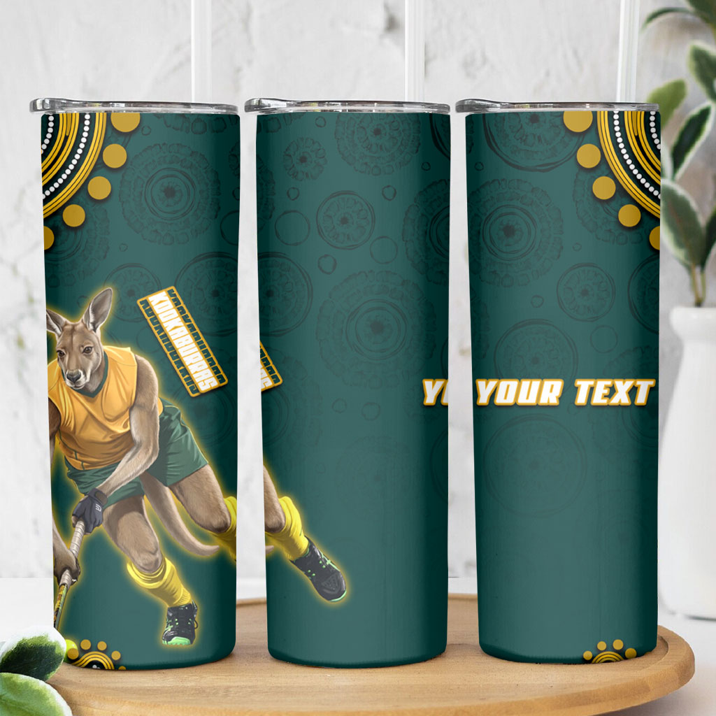 Personalized Kookaburras Field Hockey Kangaroo Skinny Tumbler Indigenous Australian Dot Art Style In Green And Gold
