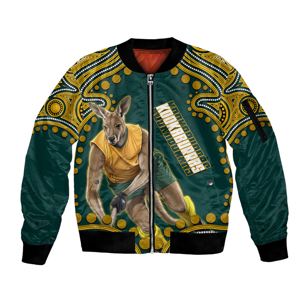 Personalized Kookaburras Field Hockey Kangaroo Sleeve Zip Bomber Jacket Indigenous Australian Dot Art Style In Green And Gold