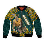 Personalized Kookaburras Field Hockey Kangaroo Sleeve Zip Bomber Jacket Indigenous Australian Dot Art Style In Green And Gold