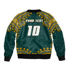 Personalized Kookaburras Field Hockey Kangaroo Sleeve Zip Bomber Jacket Indigenous Australian Dot Art Style In Green And Gold