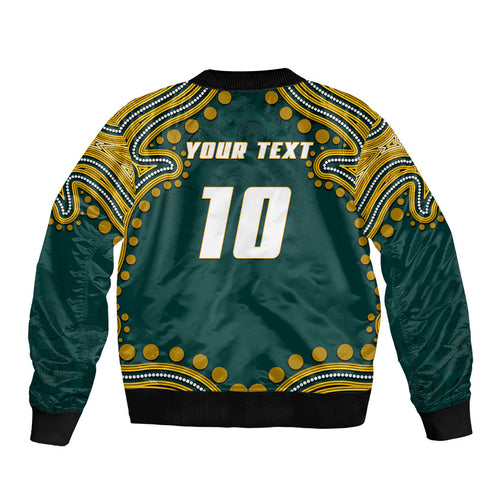 Personalized Kookaburras Field Hockey Kangaroo Sleeve Zip Bomber Jacket Indigenous Australian Dot Art Style In Green And Gold