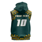 Personalized Kookaburras Field Hockey Kangaroo Sleeveless Hoodie Indigenous Australian Dot Art Style In Green And Gold