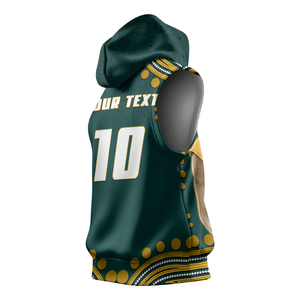 Personalized Kookaburras Field Hockey Kangaroo Sleeveless Hoodie Indigenous Australian Dot Art Style In Green And Gold
