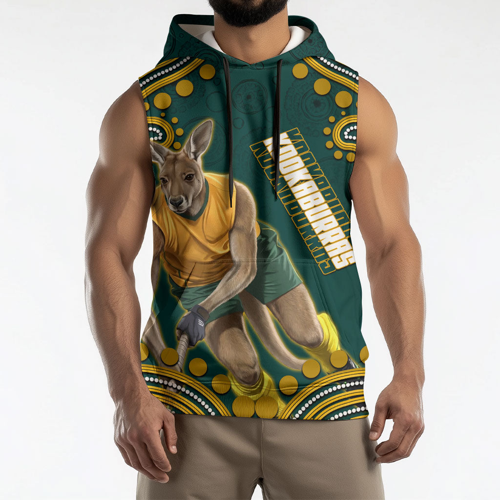 Personalized Kookaburras Field Hockey Kangaroo Sleeveless Hoodie Indigenous Australian Dot Art Style In Green And Gold