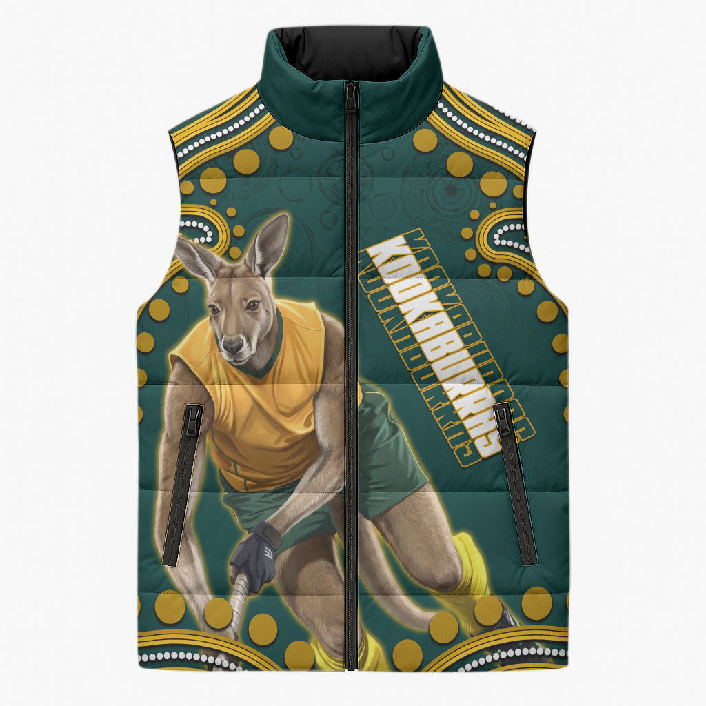 Personalized Kookaburras Field Hockey Kangaroo Sleeveless Puffer Jacket Indigenous Australian Dot Art Style In Green And Gold