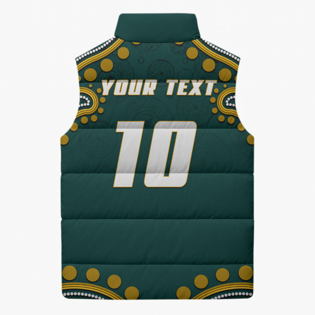 Personalized Kookaburras Field Hockey Kangaroo Sleeveless Puffer Jacket Indigenous Australian Dot Art Style In Green And Gold