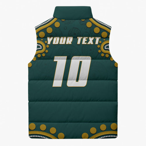 Personalized Kookaburras Field Hockey Kangaroo Sleeveless Puffer Jacket Indigenous Australian Dot Art Style In Green And Gold