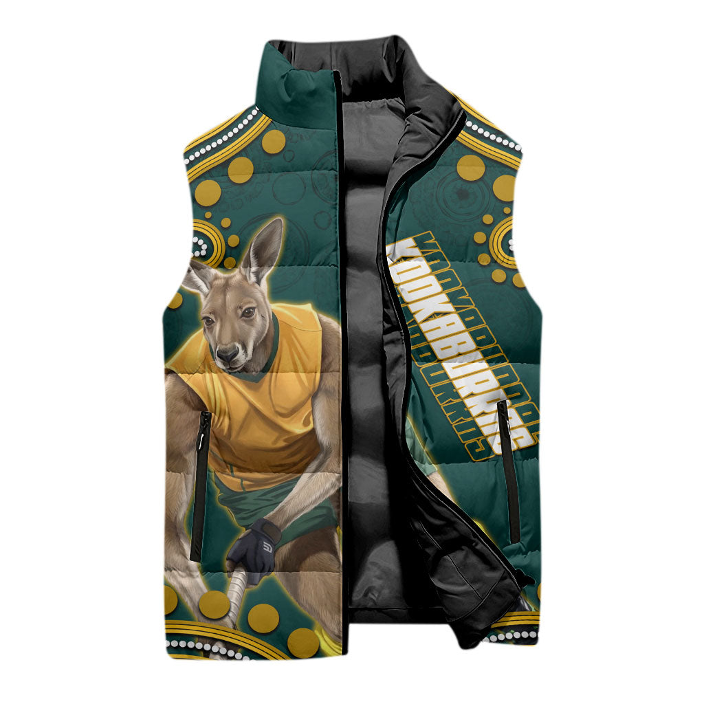 Personalized Kookaburras Field Hockey Kangaroo Sleeveless Puffer Jacket Indigenous Australian Dot Art Style In Green And Gold