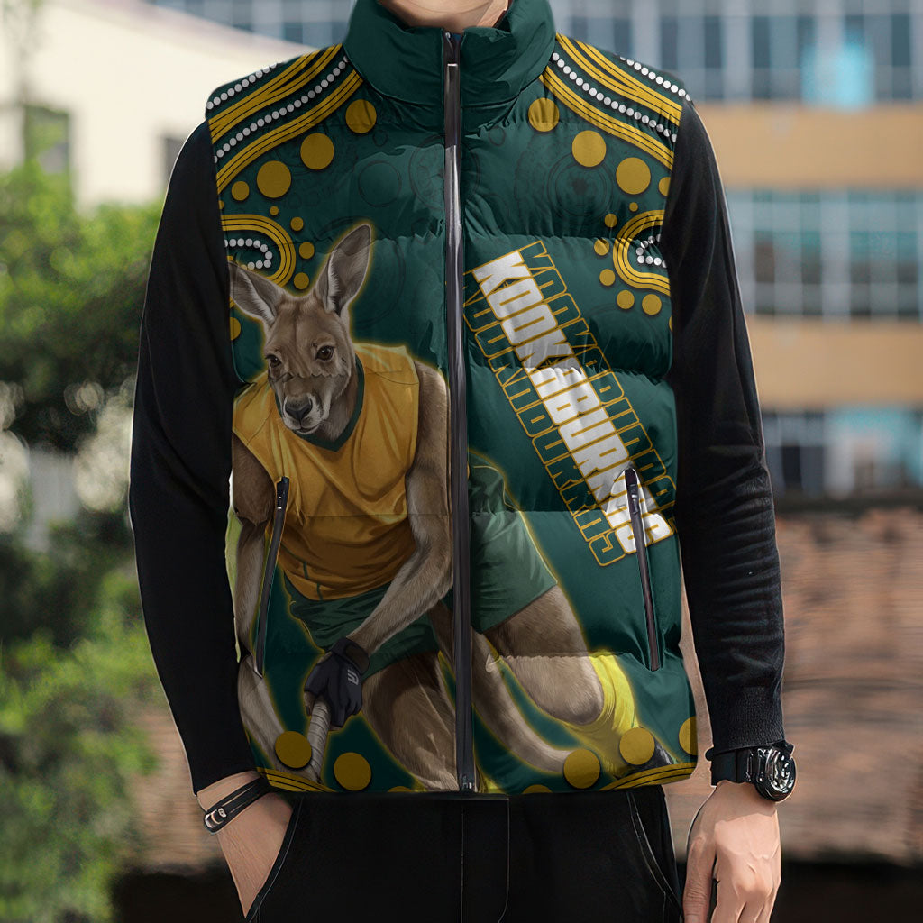 Personalized Kookaburras Field Hockey Kangaroo Sleeveless Puffer Jacket Indigenous Australian Dot Art Style In Green And Gold