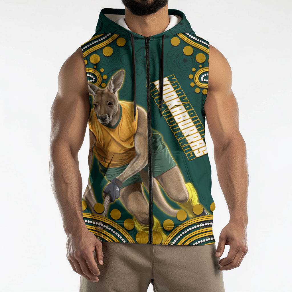 Personalized Kookaburras Field Hockey Kangaroo Sleeveless Zip Hoodie Indigenous Australian Dot Art Style In Green And Gold