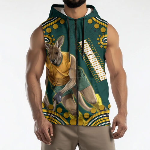 Personalized Kookaburras Field Hockey Kangaroo Sleeveless Zip Hoodie Indigenous Australian Dot Art Style In Green And Gold