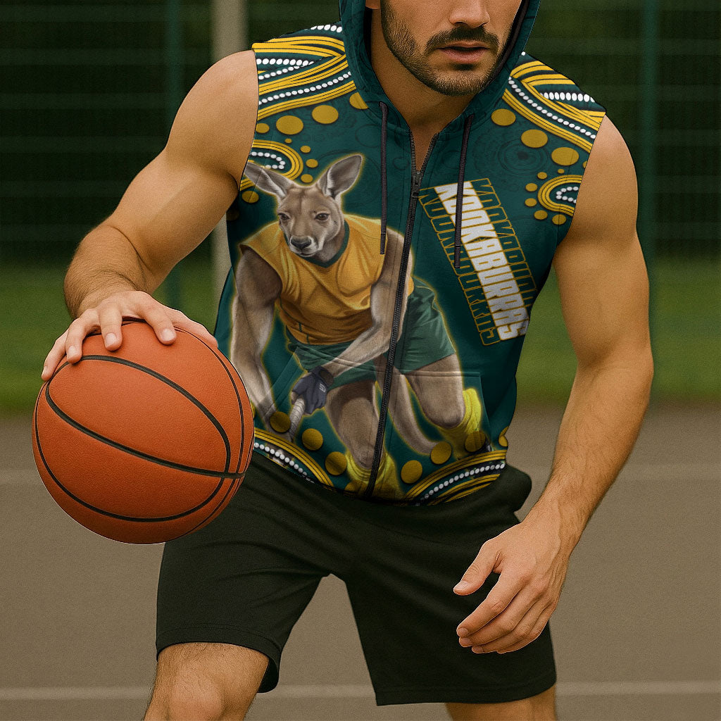 Personalized Kookaburras Field Hockey Kangaroo Sleeveless Zip Hoodie Indigenous Australian Dot Art Style In Green And Gold