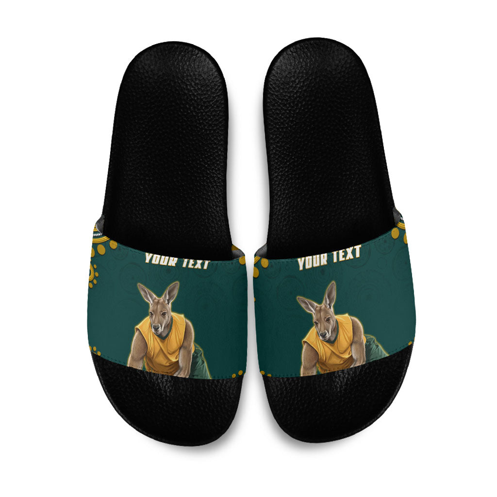Personalized Kookaburras Field Hockey Kangaroo Slide Sandals Indigenous Australian Dot Art Style In Green And Gold