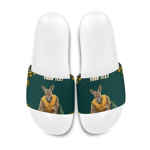 Personalized Kookaburras Field Hockey Kangaroo Slide Sandals Indigenous Australian Dot Art Style In Green And Gold