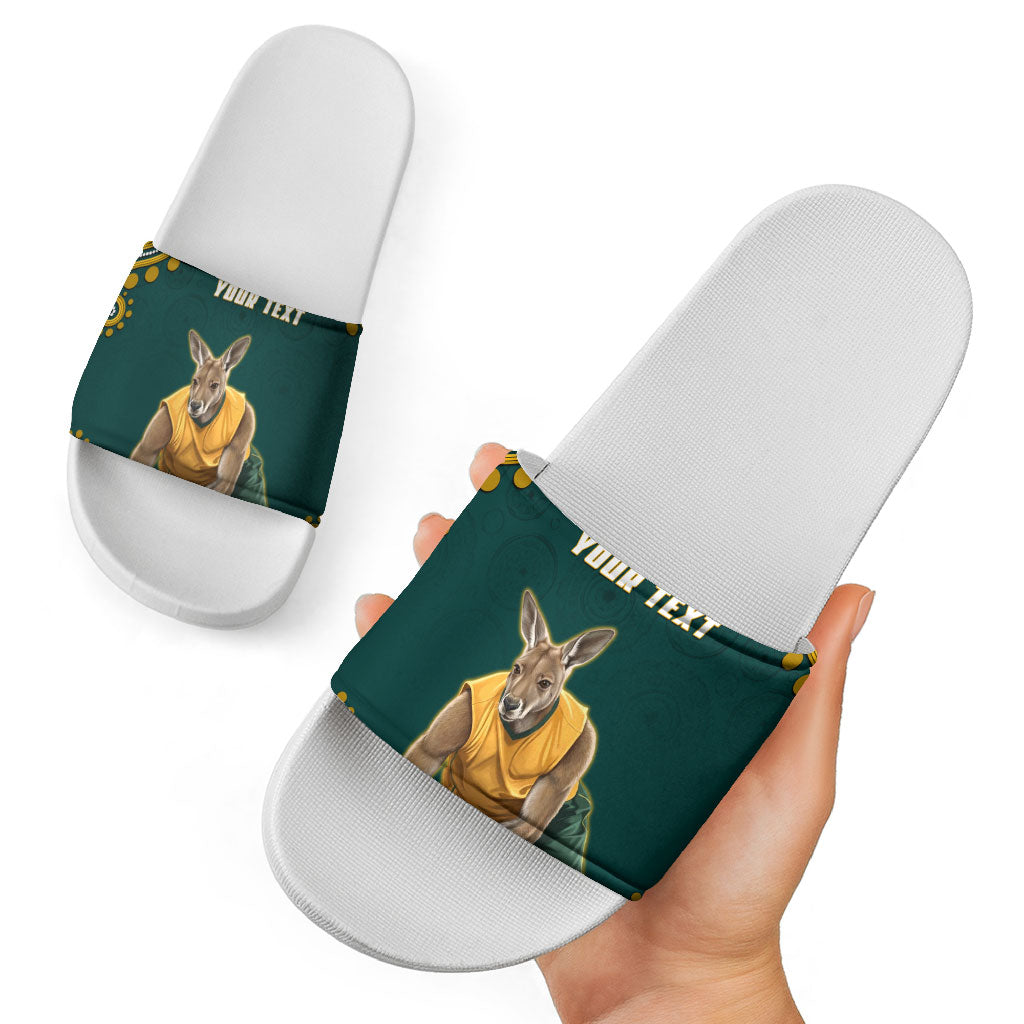 Personalized Kookaburras Field Hockey Kangaroo Slide Sandals Indigenous Australian Dot Art Style In Green And Gold