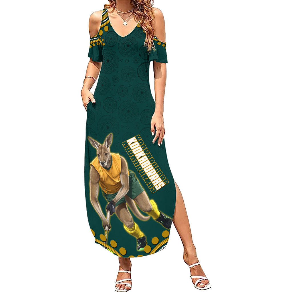 Personalized Kookaburras Field Hockey Kangaroo Summer Maxi Dress Indigenous Australian Dot Art Style In Green And Gold