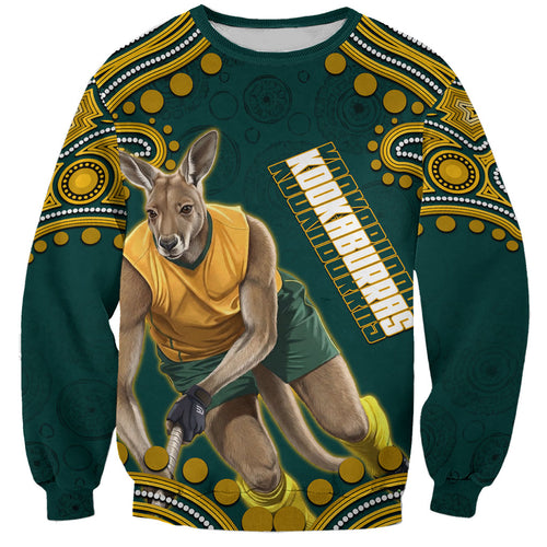 Personalized Kookaburras Field Hockey Kangaroo Sweatshirt Indigenous Australian Dot Art Style In Green And Gold