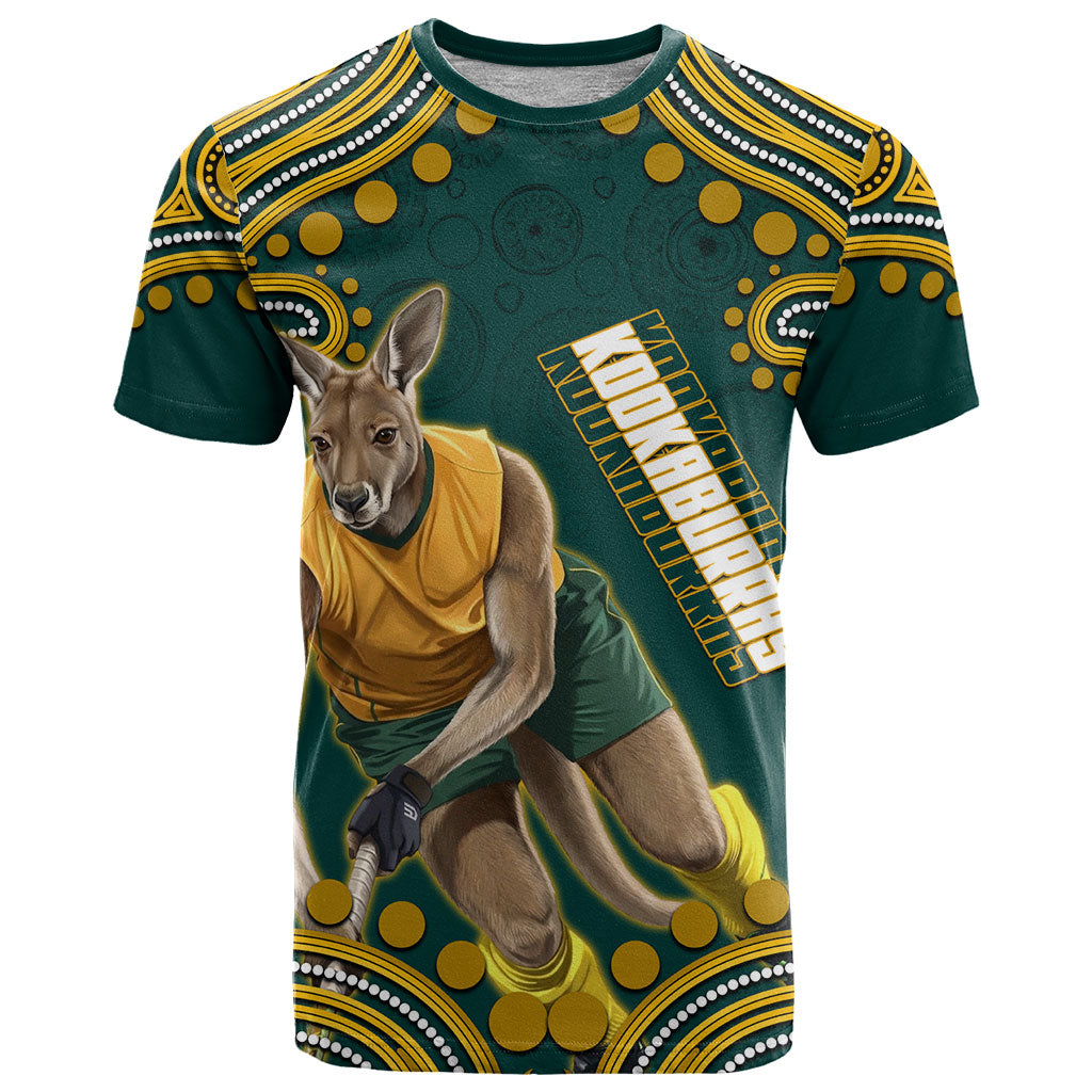 Personalized Kookaburras Field Hockey Kangaroo T Shirt Indigenous Australian Dot Art Style In Green And Gold