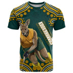 Personalized Kookaburras Field Hockey Kangaroo T Shirt Indigenous Australian Dot Art Style In Green And Gold