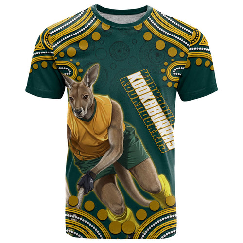 Personalized Kookaburras Field Hockey Kangaroo T Shirt Indigenous Australian Dot Art Style In Green And Gold