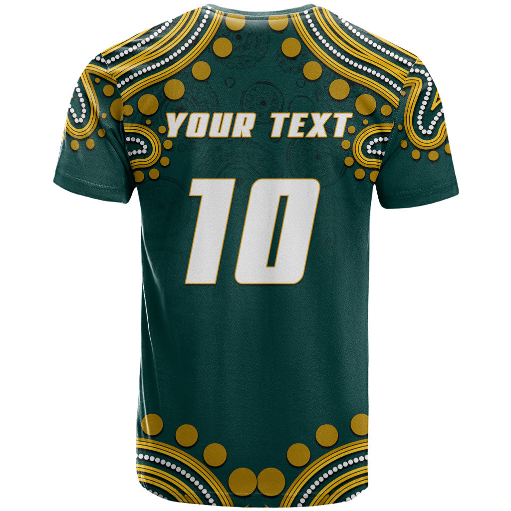 Personalized Kookaburras Field Hockey Kangaroo T Shirt Indigenous Australian Dot Art Style In Green And Gold