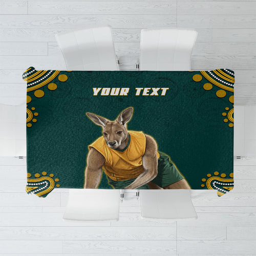 Personalized Kookaburras Field Hockey Kangaroo Tablecloth Indigenous Australian Dot Art Style In Green And Gold