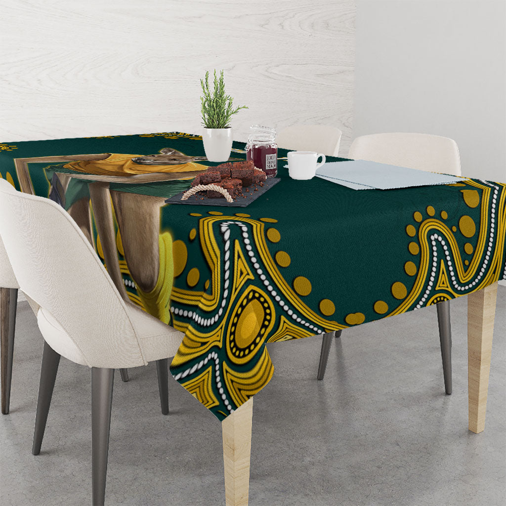 Personalized Kookaburras Field Hockey Kangaroo Tablecloth Indigenous Australian Dot Art Style In Green And Gold