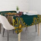 Personalized Kookaburras Field Hockey Kangaroo Tablecloth Indigenous Australian Dot Art Style In Green And Gold