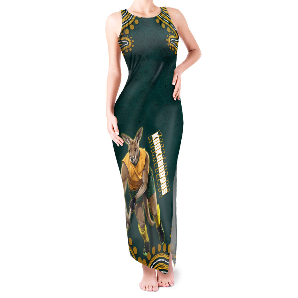 Personalized Kookaburras Field Hockey Kangaroo Tank Maxi Dress Indigenous Australian Dot Art Style In Green And Gold