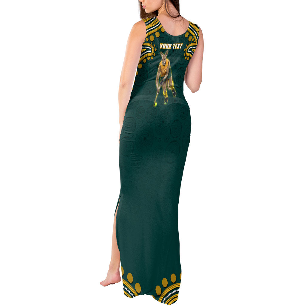 Personalized Kookaburras Field Hockey Kangaroo Tank Maxi Dress Indigenous Australian Dot Art Style In Green And Gold