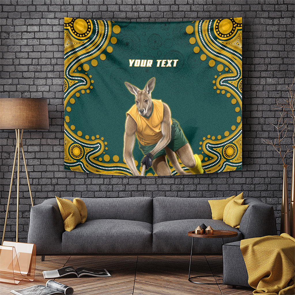 Personalized Kookaburras Field Hockey Kangaroo Tapestry Indigenous Australian Dot Art Style In Green And Gold
