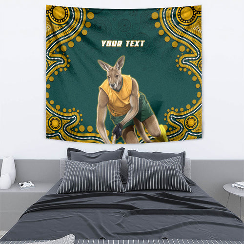 Personalized Kookaburras Field Hockey Kangaroo Tapestry Indigenous Australian Dot Art Style In Green And Gold