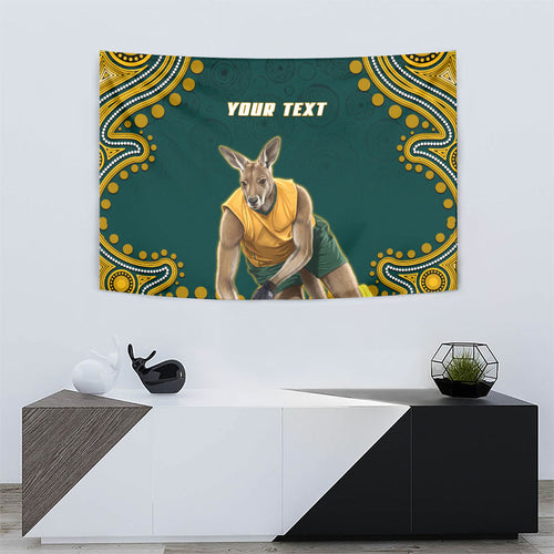 Personalized Kookaburras Field Hockey Kangaroo Tapestry Indigenous Australian Dot Art Style In Green And Gold